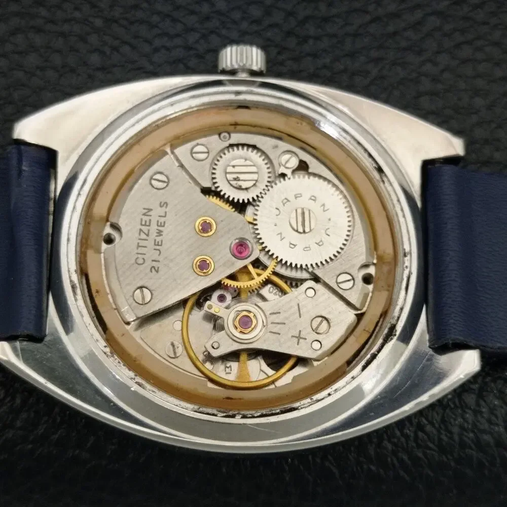 Vintage 1980 Citizen Manual Wound Mens Silver Watch & Blue accents